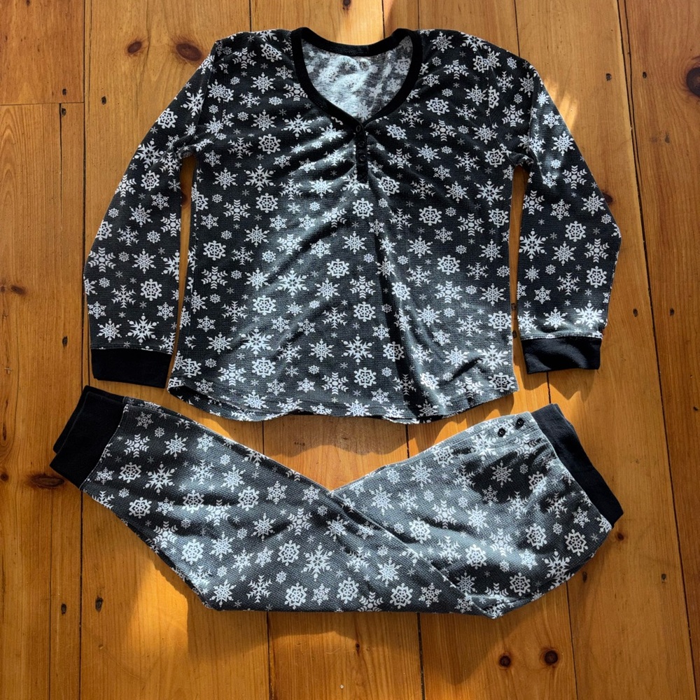 FollowMe Snowflake Pajama Set XXL Black White Thermal Waffle Knit